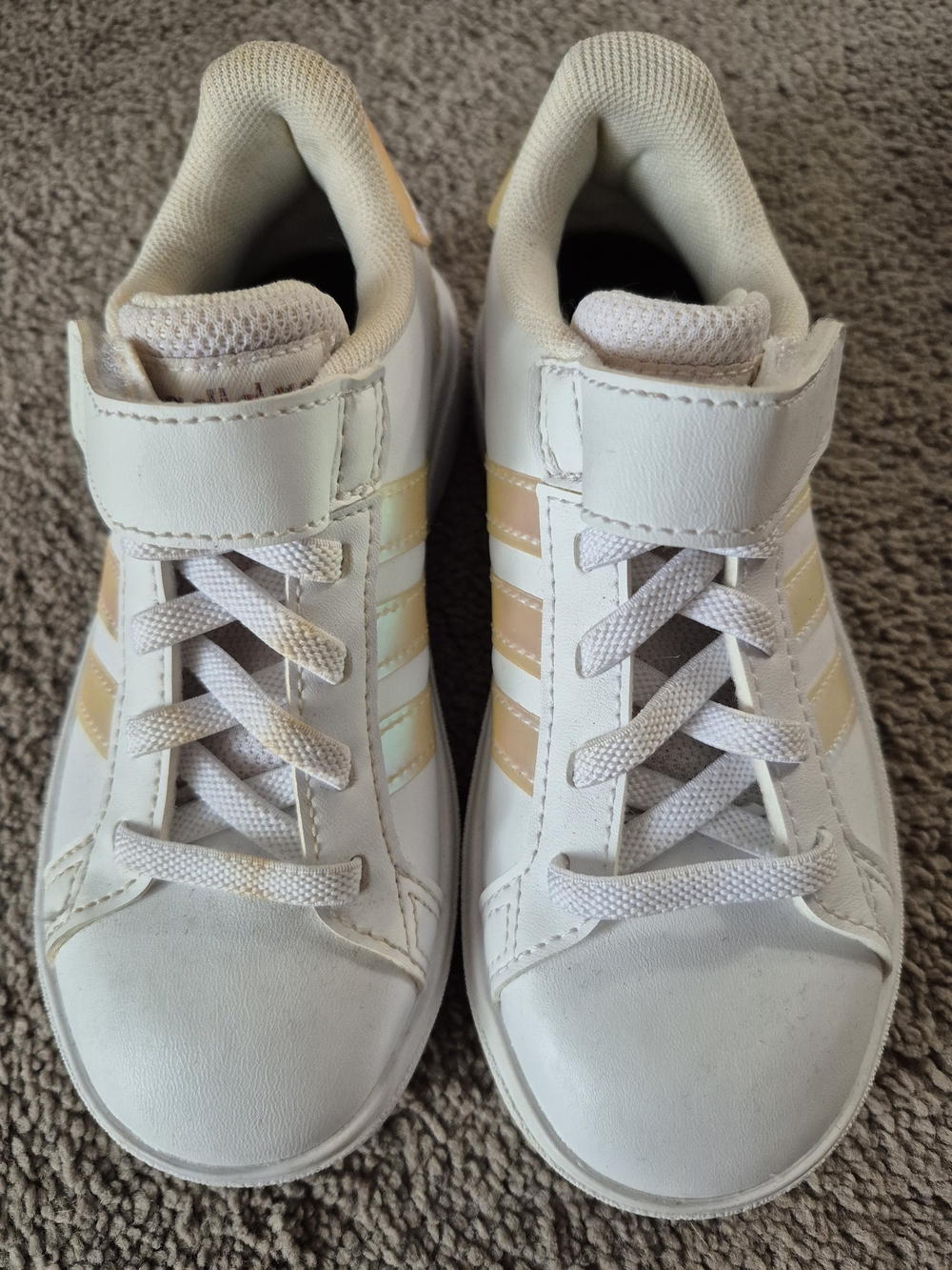 adidas Kids White Sneakers with Pale Gold Stripes - Velcro & Laces